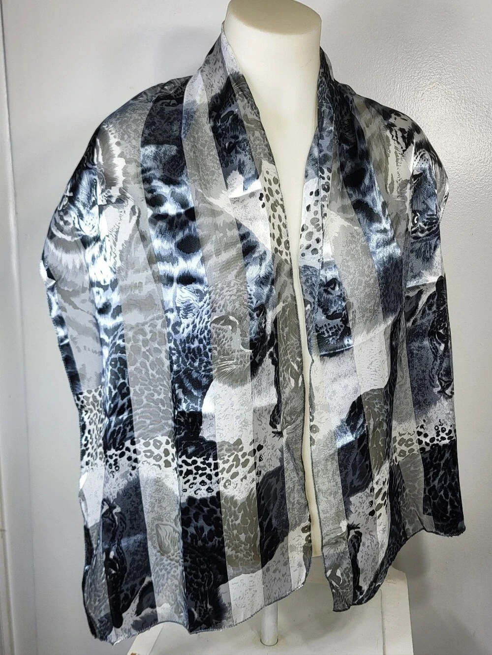 Silk Feel Sheer Black and White Animal Print Lightweight Scarf 13